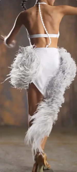 Women's White Beaded Halter Neck Leotard with Feather Skirt, Contemporary Dance