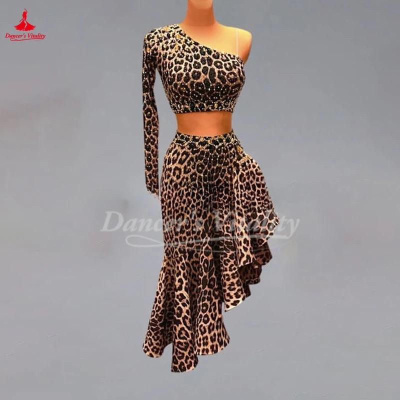 Latin Dance Leopard Print Two-piece Suit Women Adult and Child Chacha Samba Rumba Competition and Performance Clothing Customize