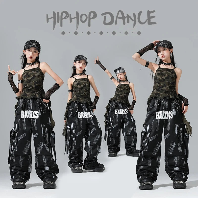 Kids Girls Camouflage Cami Top Black White Print Cargo Pants Hip Hop Dance Costume