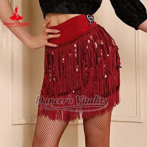 Women's Red Sequin Fringe Latin Dance Skirt with Fishnet Tights