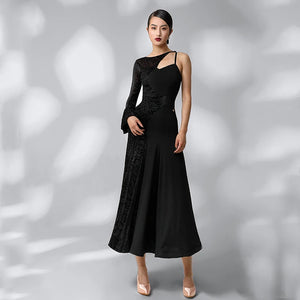 Women's Black Asymmetrical One-Shoulder Mesh Panel Leaf Pattern Latin Ballroom Dance Dress
