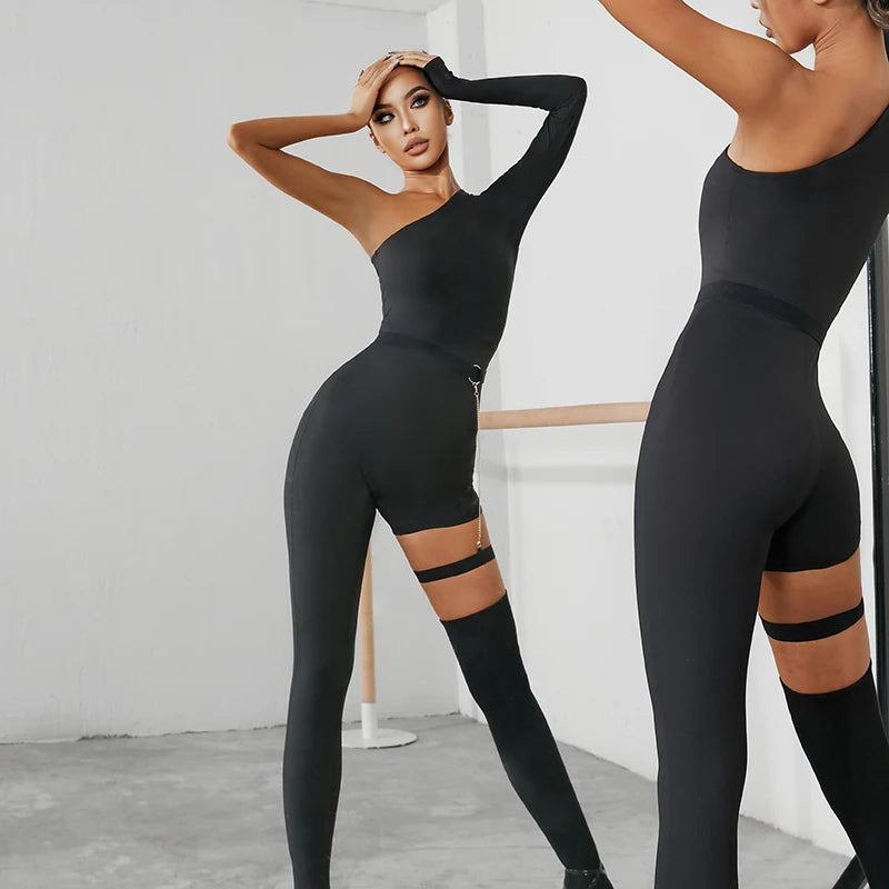 Women's Black One-Shoulder Asymmetrical Bodysuit with Garter Straps, Modern Dance Leotard