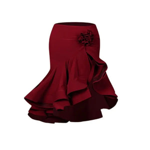 Women's Burgundy & Black Off-Shoulder Crop Top & Ruffled Skirt Latin Dance Costume Set