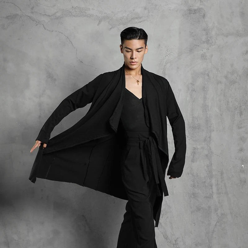 Men's Black Loose Fit Long Cardigan V-Neck Top and Trousers Modern Dancewear