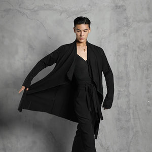 Men's Black Loose Fit Long Cardigan V-Neck Top and Trousers Modern Dancewear