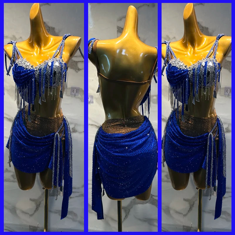 Latin Dance Dress Women's Royal Blue Sequin Fringe Rhinestone Two-Piece Set Ballroom Samba Cha-Cha Rumba Performance Costume