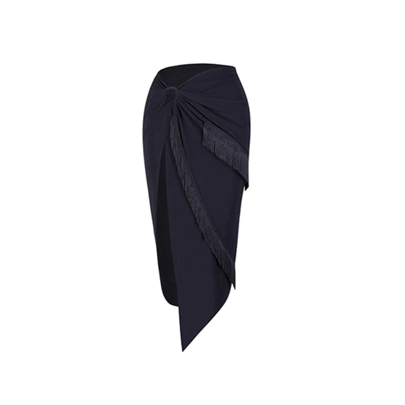 Women's White Fringe Halter Top and Floral Lace Slit Skirt Latin Dancewear