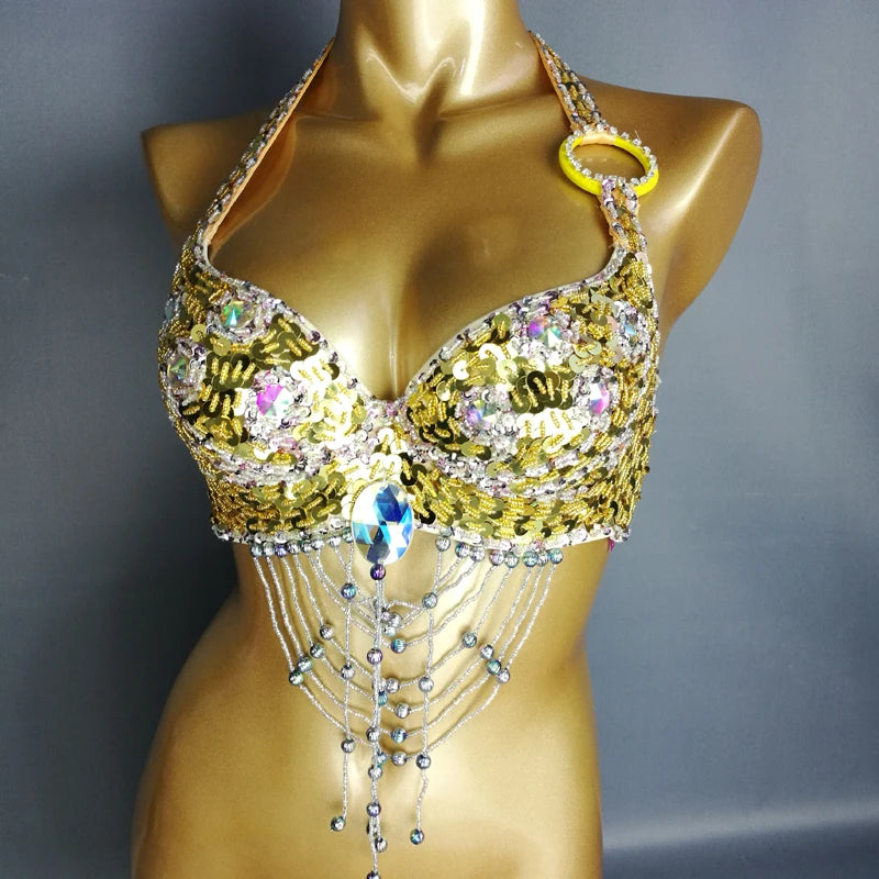 Belly Dance Halter Top, Women's Teal Sequin & Beaded Crystal Bra with Dangles, Performance Costume