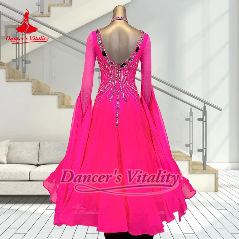 Ballroom Dance Dress Women's Hot Pink Rhinestone Mesh Long Sleeve V-Neck Chiffon Standard Smooth Competition Gown