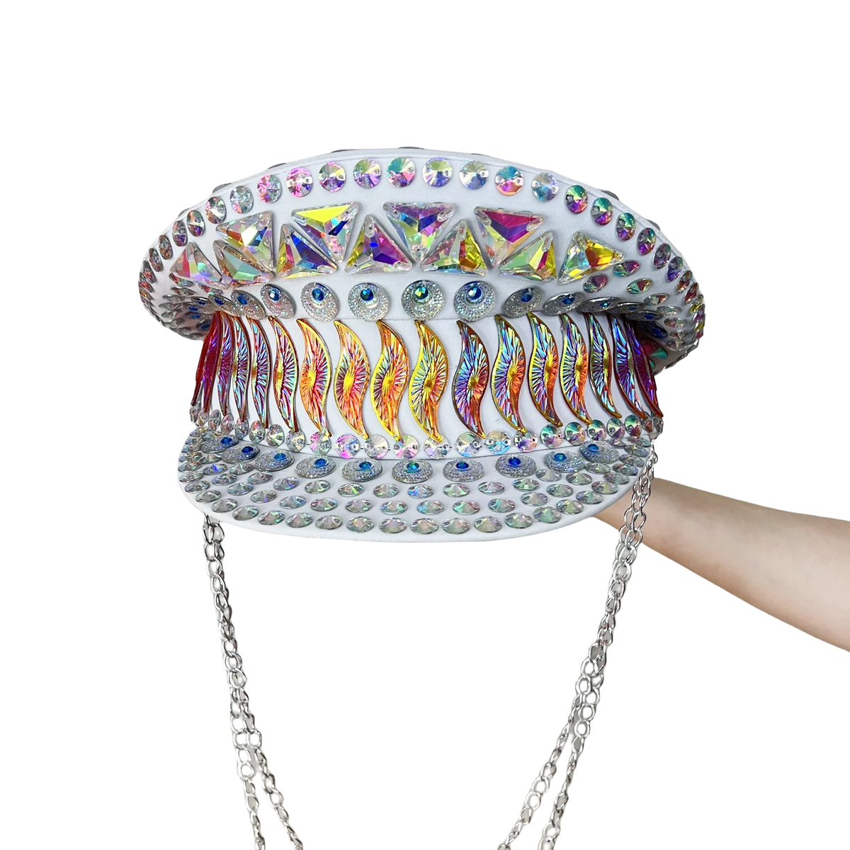 Women's White Iridescent Crystal Sequin Military Captain Hat with Chain, Festival Dance