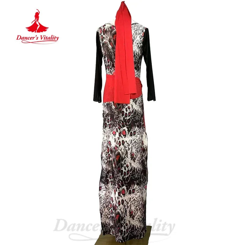 Women's Black and White Animal Print Long Sleeve Maxi Dress with Red Sash and Headpiece for Belly Dance