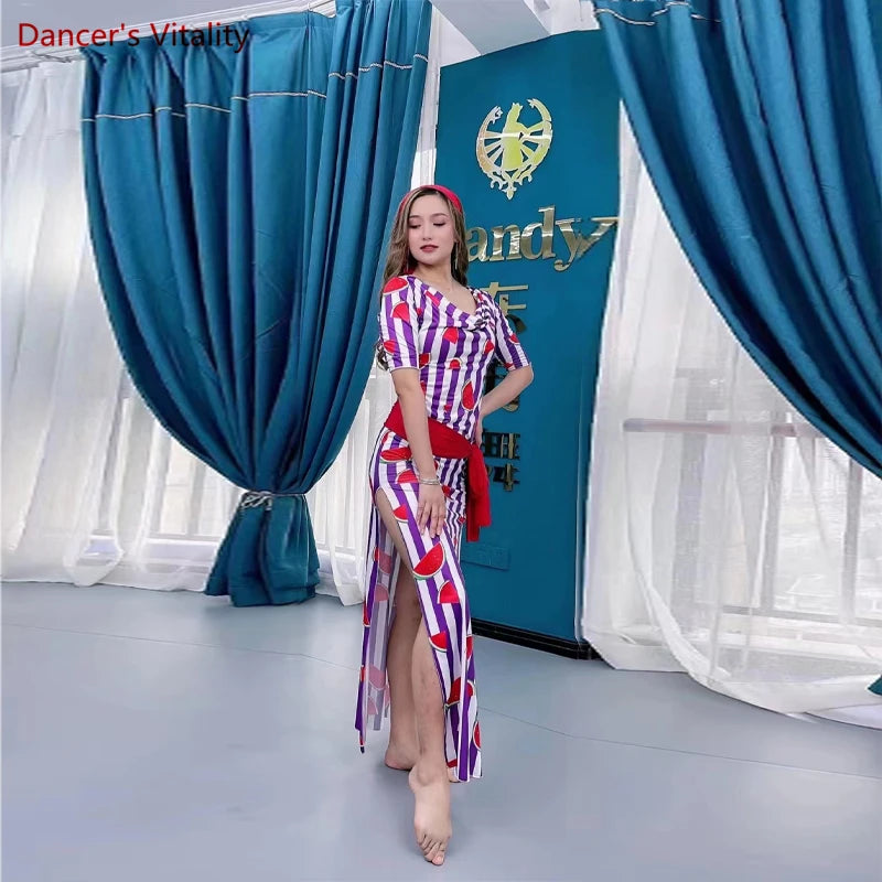 Women's Green & Red Heart Print Latin Dance Dress with Ruffled Hem