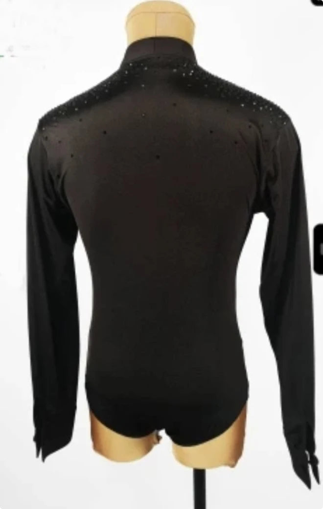 Men's Black Embellished Mesh Ballroom Latin Dance Shirt