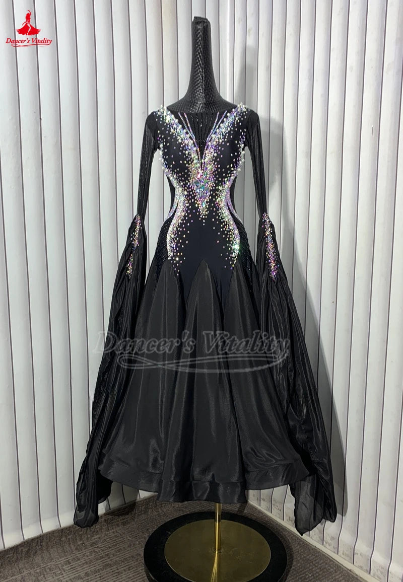 High-end Custom Adult Luxury AB Stone Ballroom Dance Competition Clothe Viennese Waltz Black Long Sleeve Perform Big Swing Skirt
