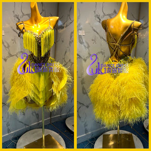 Latin Dance Dress Women's Yellow Fringe & Ostrich Feather Rhinestone Embellished Performance Costume