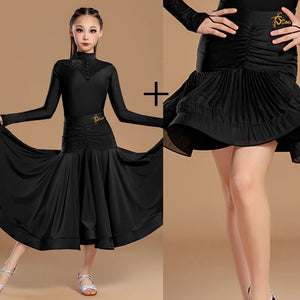 Girls' Black Ballroom Dance Dress with Lace Neckline and Ruched Waist, Long Sleeve Latin Dance Skirt
