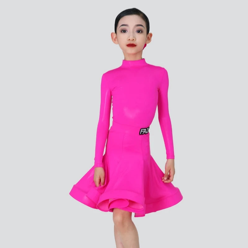 Girls' Pink Long Sleeve Mock Neck Pleated Skirt Latin Ballroom Dance Dress