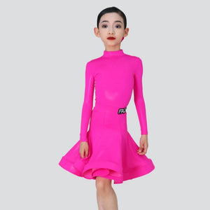 Girls' Pink Long Sleeve Mock Neck Pleated Skirt Latin Ballroom Dance Dress