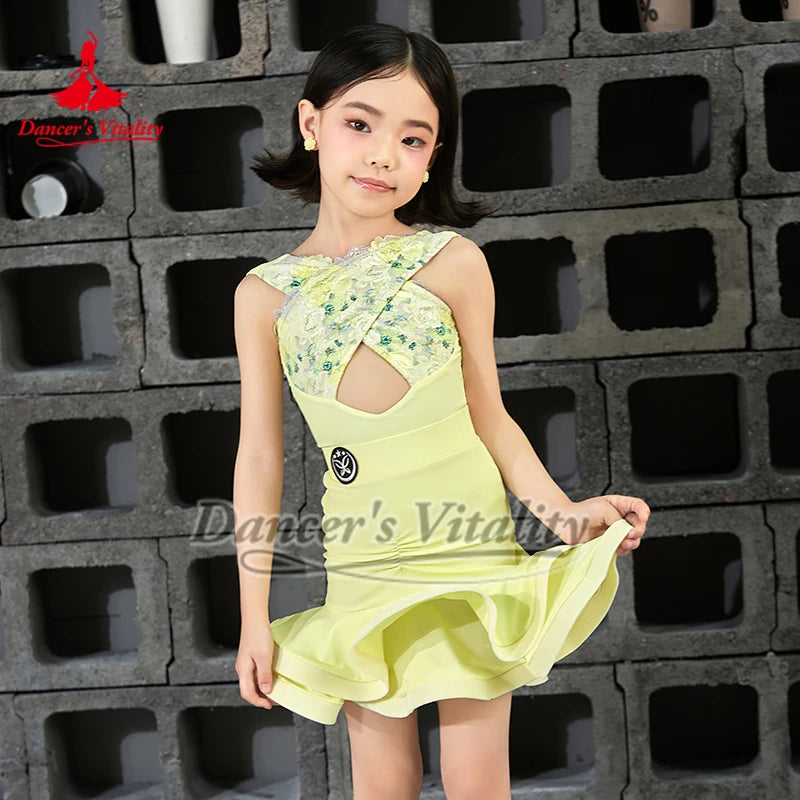 Girls Yellow Halter Neck Floral Lace Cutout Ruffled Latin Dance Dress