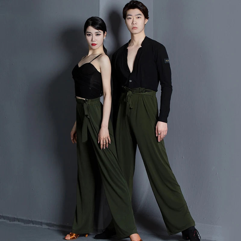 Dance Pants Women's Black High-Waisted Wide Leg Tie-Waist Ballroom Latin Dance Trousers