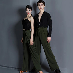 Dance Pants Women's Black High-Waisted Wide Leg Tie-Waist Ballroom Latin Dance Trousers