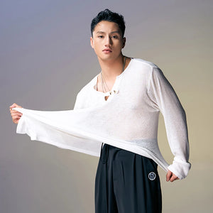 Men's Beige Ribbed Henley Long Sleeve Shirt with Black Wide-Leg Pants - Hip-Hop Dancewear