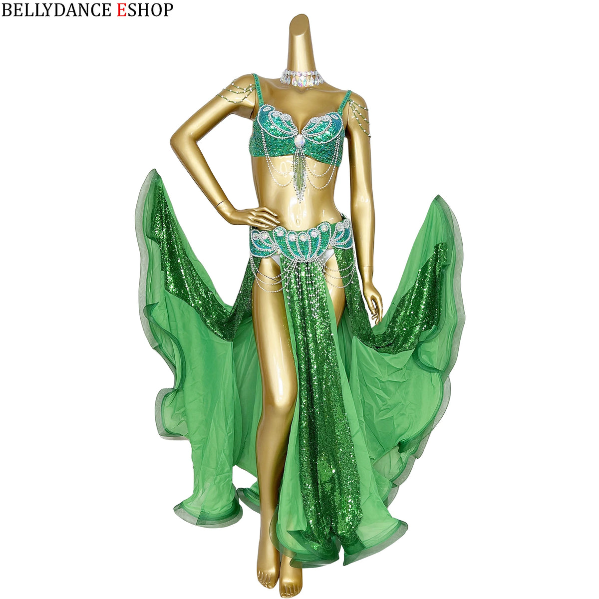 Belly Dance Costume Women Blue Sequin Chiffon Bra Belt Skirt Set with Shoulder Chains and Rhinestone Choker for Belly Dancing