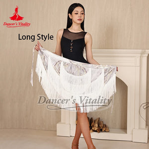 Women's Black/Gray/White Fringe Latin Dance Skirt with Fishnet Tights, Asymmetrical Design, Ballroom Rumba Cha Cha Samba Tango