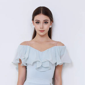 Women's Black Off-Shoulder Ruffled Ruched Ballroom Dance Dress, Light Blue Off-Shoulder Ruffled Ruched Ballroom Dance Dress, Mauve Off-Shoulder Ruffled Ruched Ballroom Dance Dress