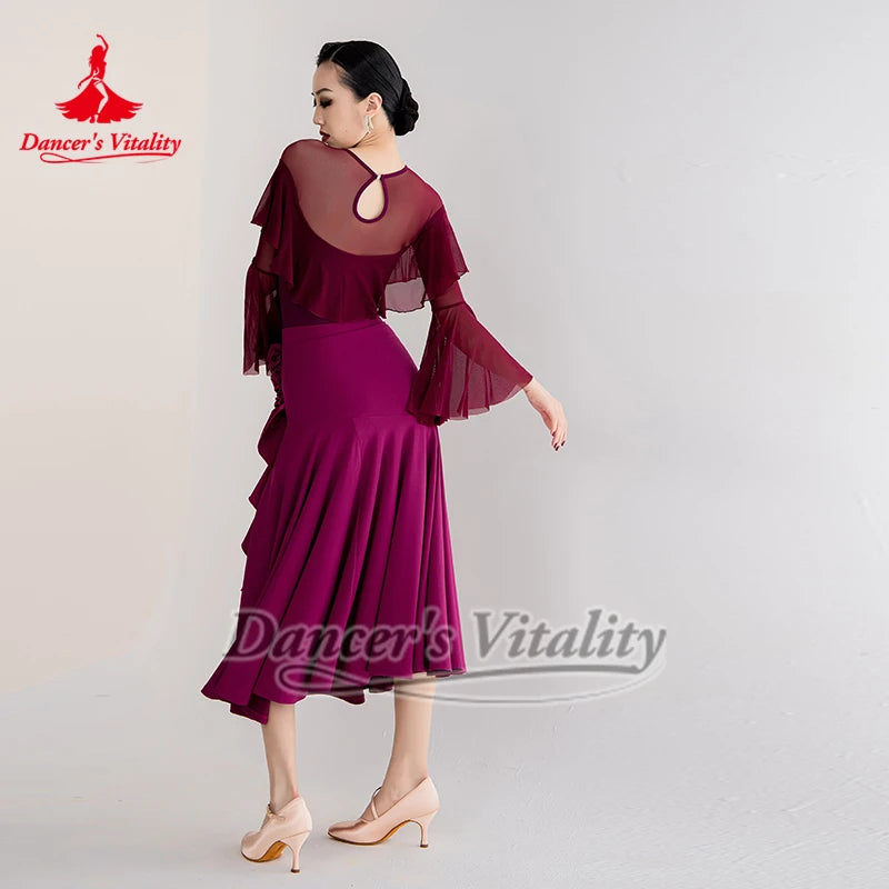 Women's Magenta Ruffled Mermaid Skirt for Latin Ballroom Dance