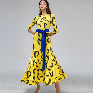 Women's Yellow Leopard Print Long Sleeve Ballroom Dance Dress with Blue Belt