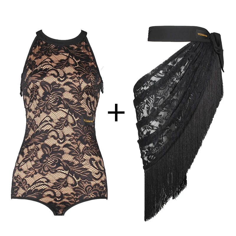 Women's Black Lace Halter Bodysuit with Fringe Latin Dance Skirt