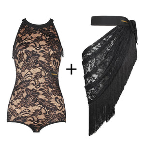 Women's Black Lace Halter Bodysuit with Fringe Latin Dance Skirt