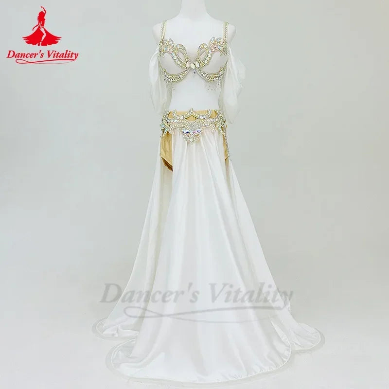 Belly Dance Costume Women White Embellished Chiffon & Satin Skirt Set with Bra and Armbands