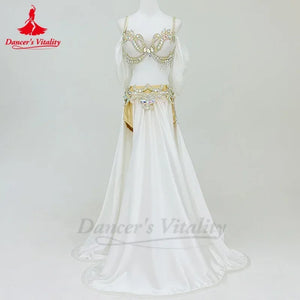 Belly Dance Costume Women White Embellished Chiffon & Satin Skirt Set with Bra and Armbands