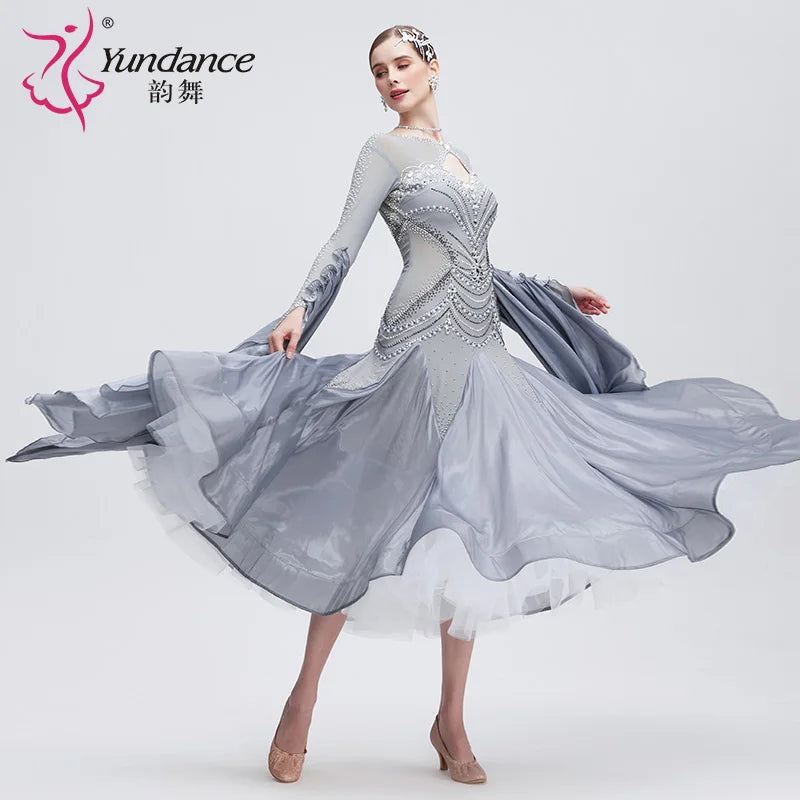 Women's Standard Ballroom Dance Dress In Gray Chiffon For Competition