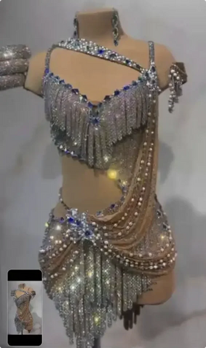 Women's Silver & Blue Bejeweled Fringe & Pearl Latin Dance Dress with Cut-Outs and Armbands