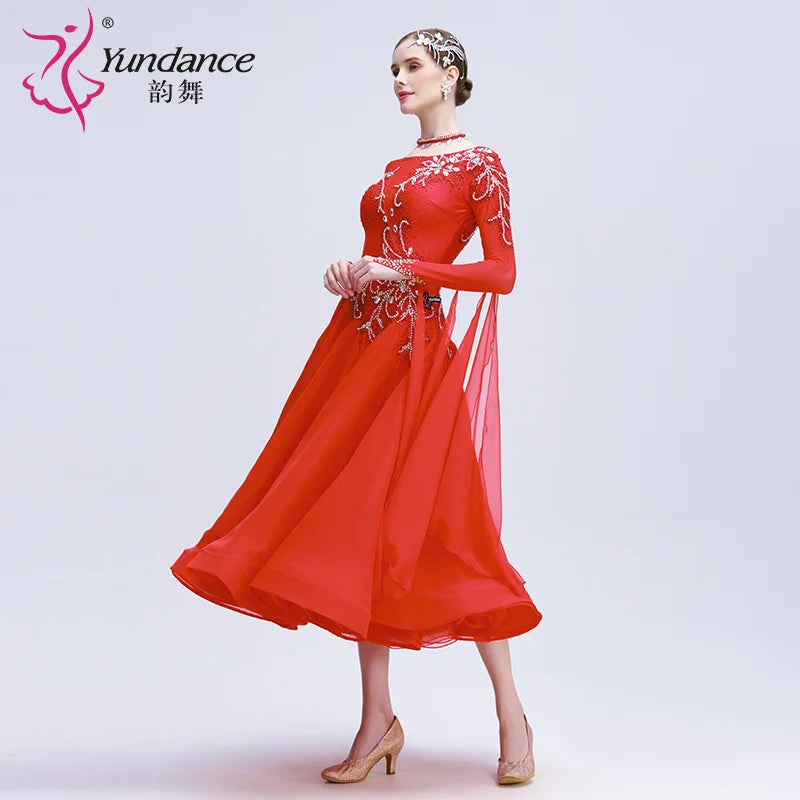 Women's Standard Ballroom Dance Dress With Rhinestones In Coffee Chiffon For Competition