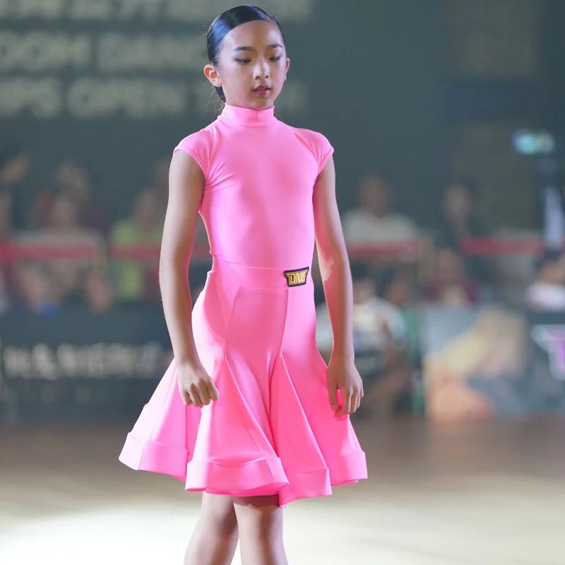 Girls Aqua Blue Ruffled Latin Dance Dress with Mock Neck, Short Sleeves, and Gold Buckle Detail, Ballroom Dancewear