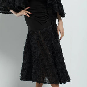 Women's Black Ruffled V-Neck Top and Ruched Ruffle Hem Skirt Latin Dance Dress