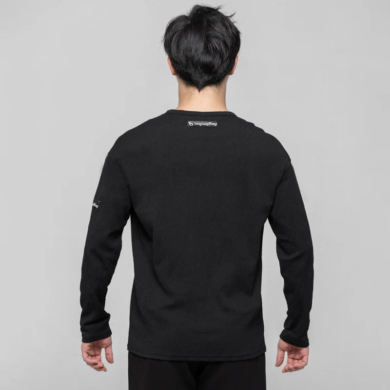 Men's Black & White V-Neck Long Sleeve Textured Latin Dance Shirt