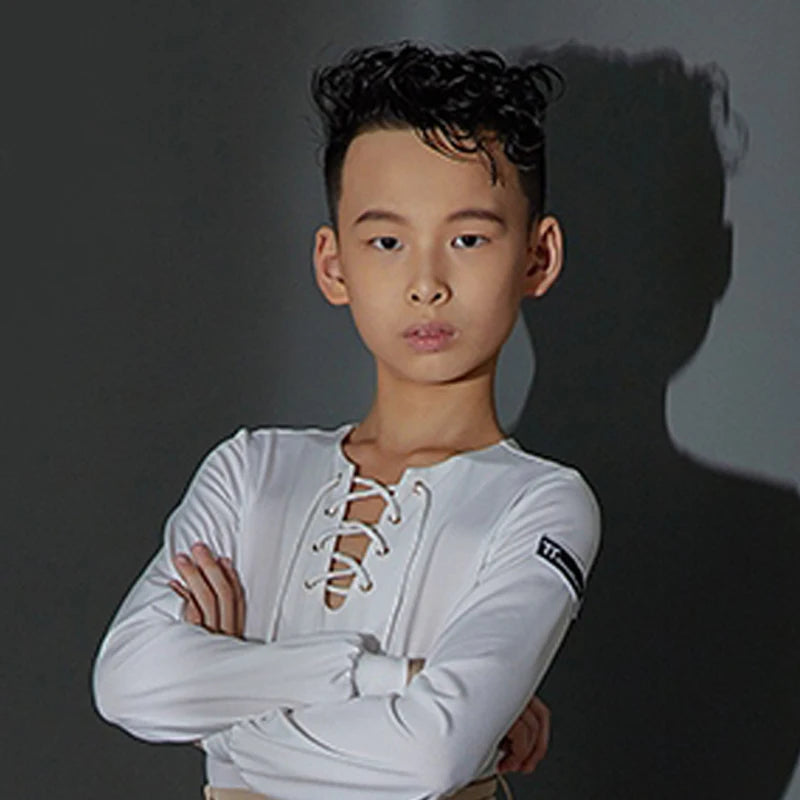 Boys Ballroom Dance Shirt with Lace-Up Neckline and High-Waisted Trousers, White, Lavender, Black Long Sleeve Latin Dance Top and Pants Set