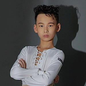 Boys Ballroom Dance Shirt with Lace-Up Neckline and High-Waisted Trousers, White, Lavender, Black Long Sleeve Latin Dance Top and Pants Set