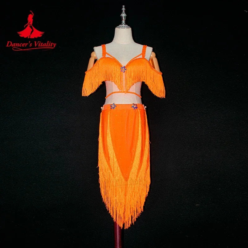 Women's Hot Pink Fringe Sequin Asymmetrical Skirt Latin Dance Dress