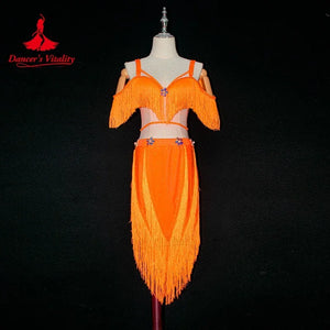 Women's Hot Pink Fringe Sequin Asymmetrical Skirt Latin Dance Dress