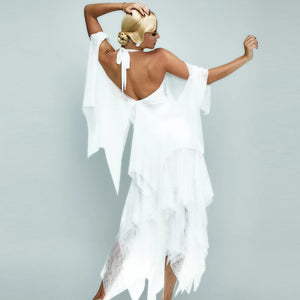 Women's White Chiffon & Lace Halter Neck Asymmetrical Overlay Ballroom Dance Dress