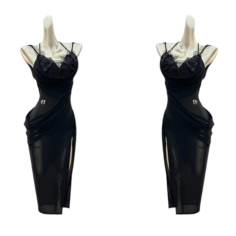 Women's Black Floral Lace Mesh Spaghetti Strap Bodycon Latin Dance Dress