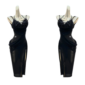 Women's Black Floral Lace Mesh Spaghetti Strap Bodycon Latin Dance Dress