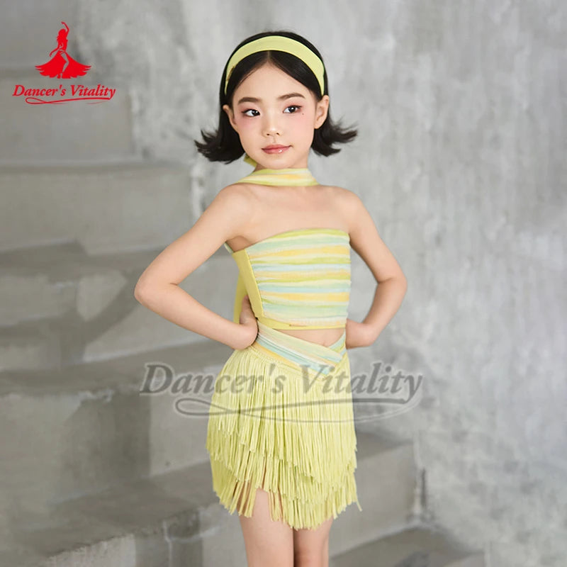 Girls Pink Striped Strapless Fringe Latin Dance Dress