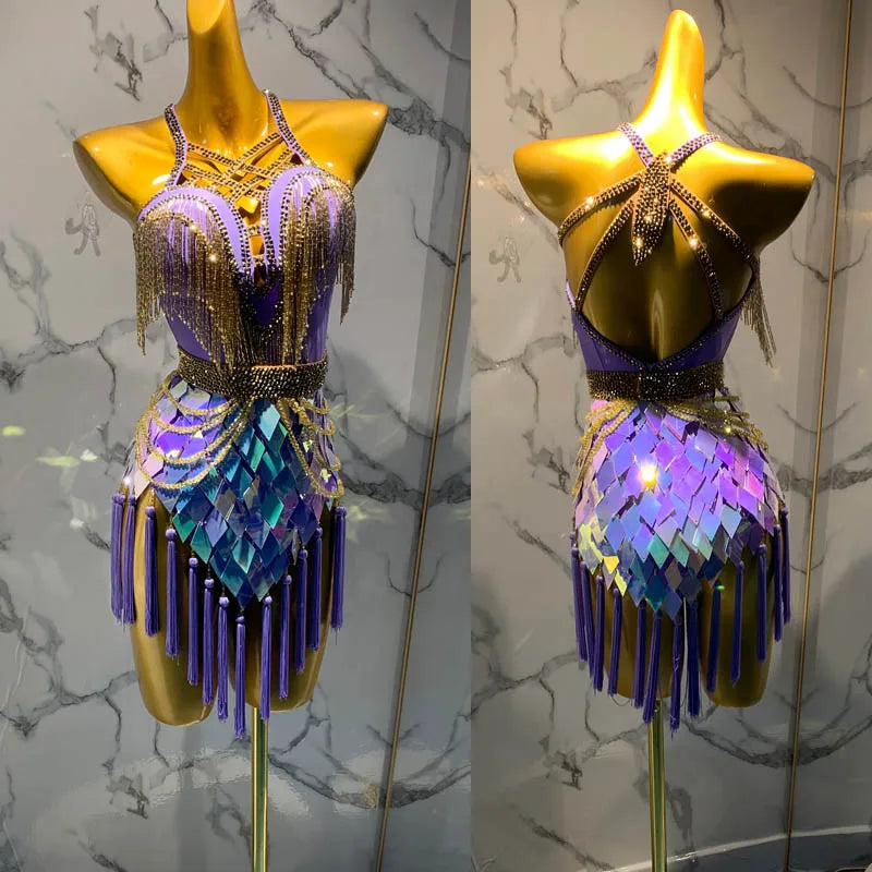 Latin Dance Dress Women's Purple Sequin Fringe Rhinestone Halter Backless Minidress